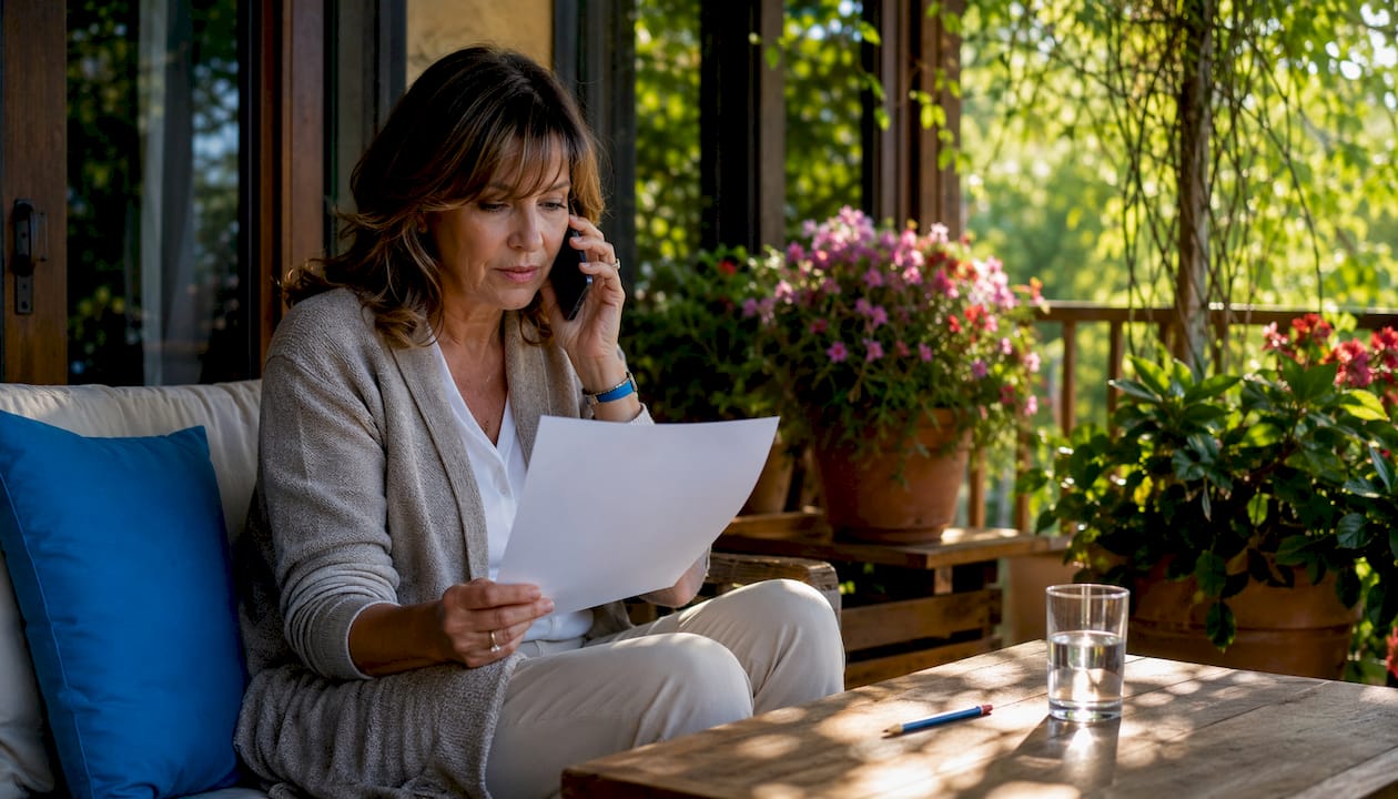 Donna seduta al tavolo della cucina che organizza la vendita della casa al telefono