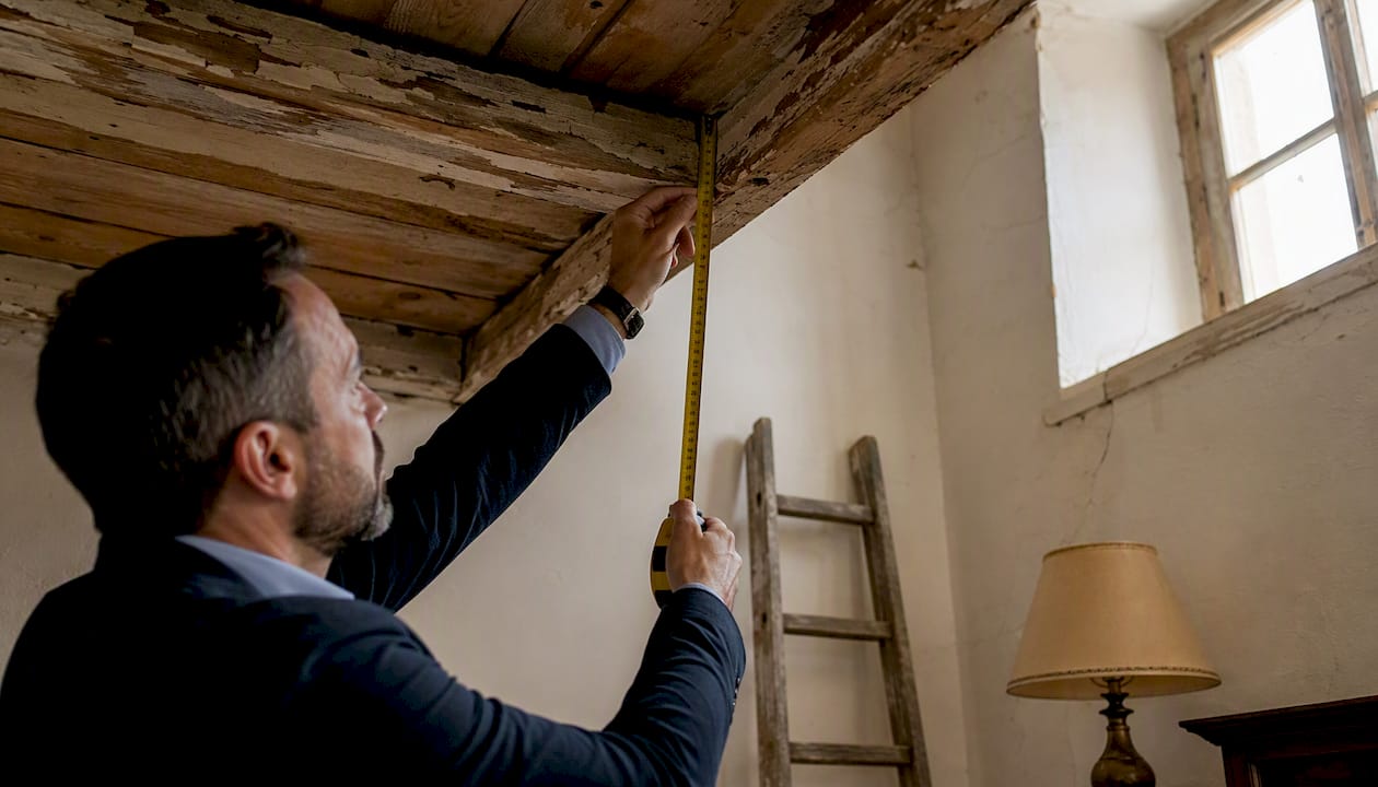 Un tecnico alle prese con il rilievo delle misure di una scala all’interno di un edificio.