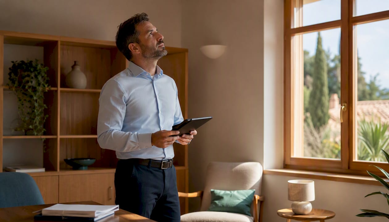 Consulente immobiliare che valuta gli interni di una casa ricevuta in eredità