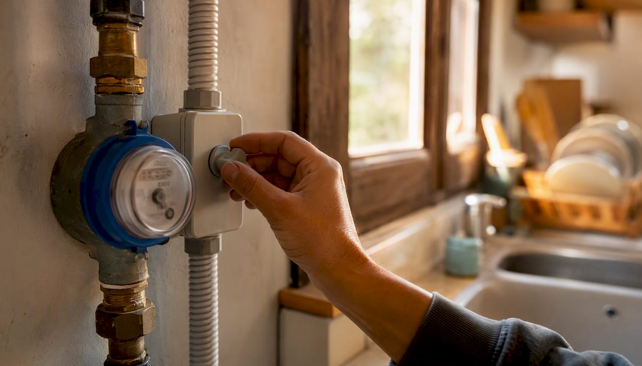 Mano che regola il contatore di gas e luce in casa