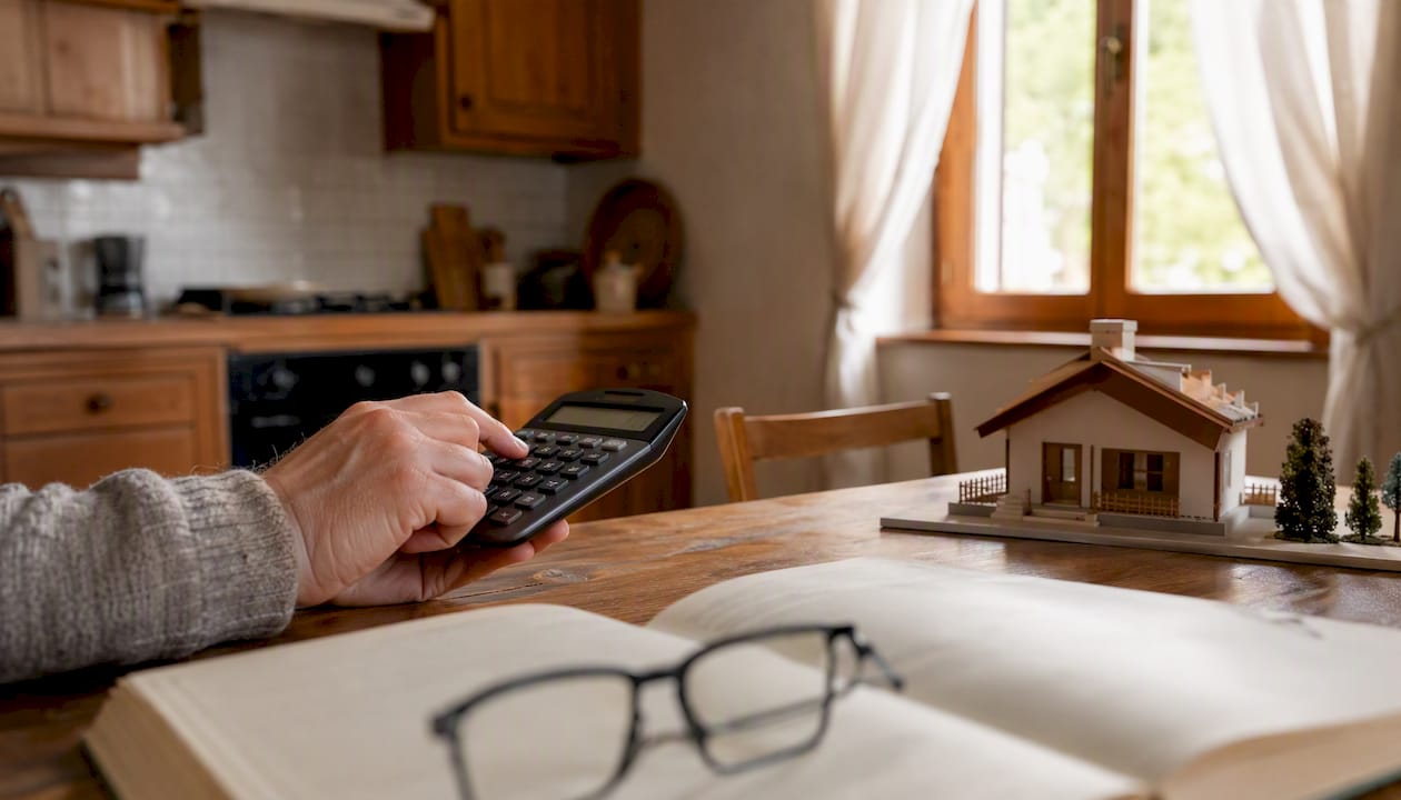 Una mano che consulta la calcolatrice accanto al Codice Civile e a un modellino di casa: una scena tipica quando si valutano questioni legali o fiscali legate all'immobiliare.