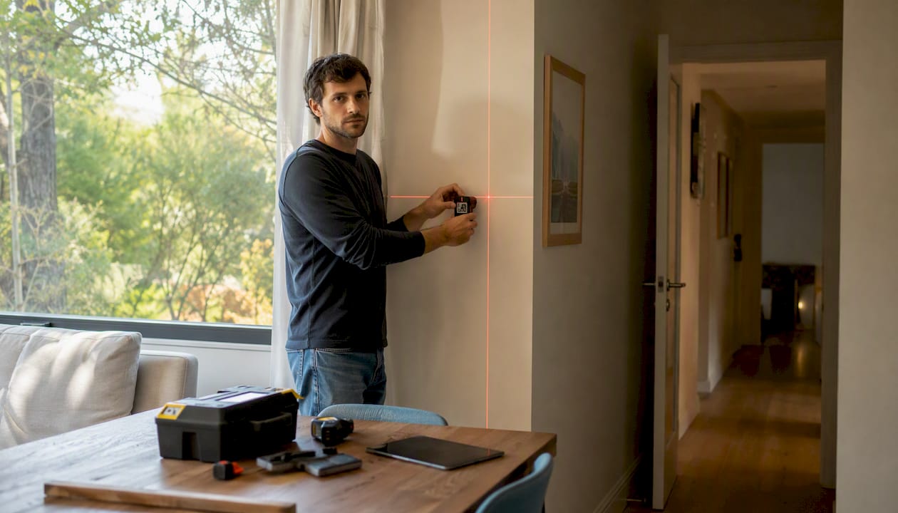 Un tecnico sta rilevando le misure di un angolo della stanza con uno strumento elettronico.