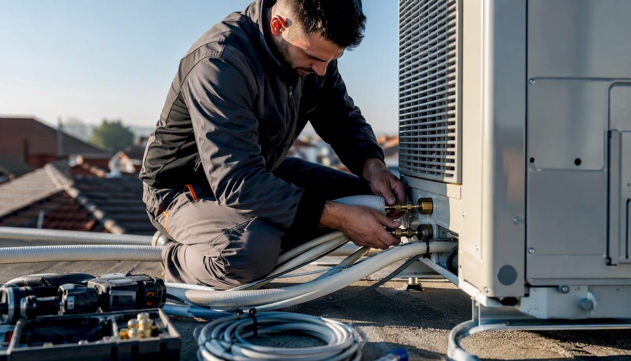 Operaio che collega i tubi a una pompa di calore installata sul tetto