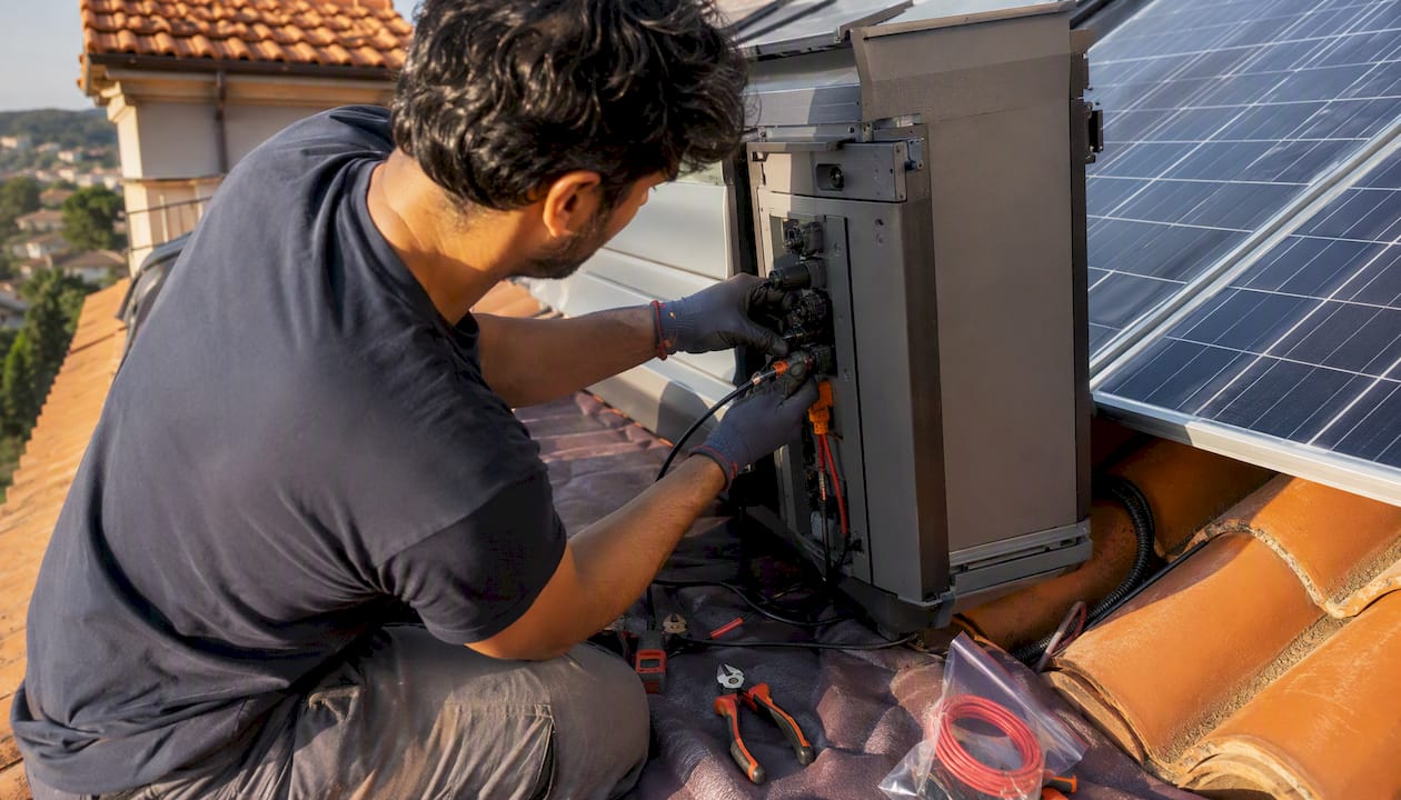 Mani all'opera mentre collegano i cavi a una batteria solare accanto ai pannelli fotovoltaici