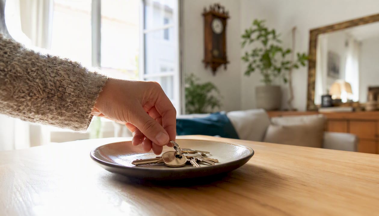 Una mano che poggia le chiavi sul tavolo della casa appena ereditata.