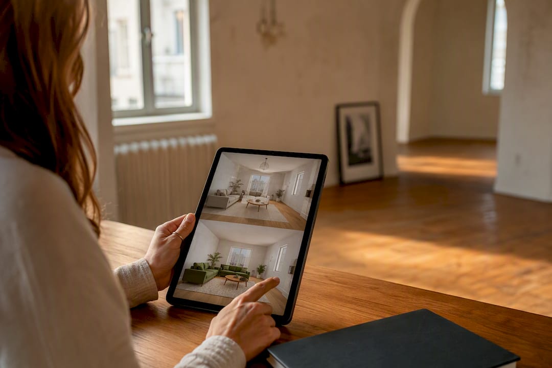 Mani che modificano esempi di arredamento virtuale su un tablet