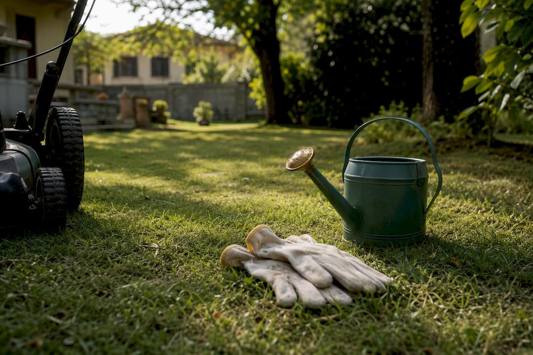 Attrezzi da giardinaggio su un prato appena tagliato