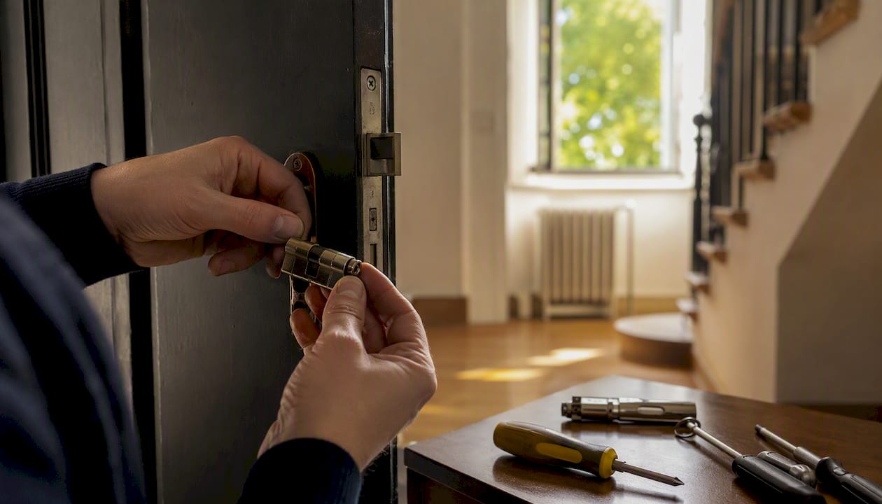 Mani che cambiano la serratura di una porta di casa