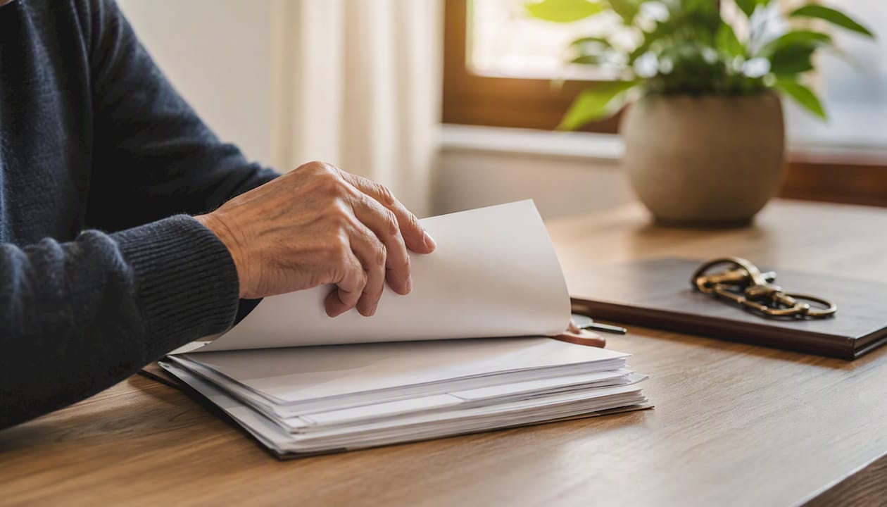 Mani che tengono documenti per la successione immobiliare