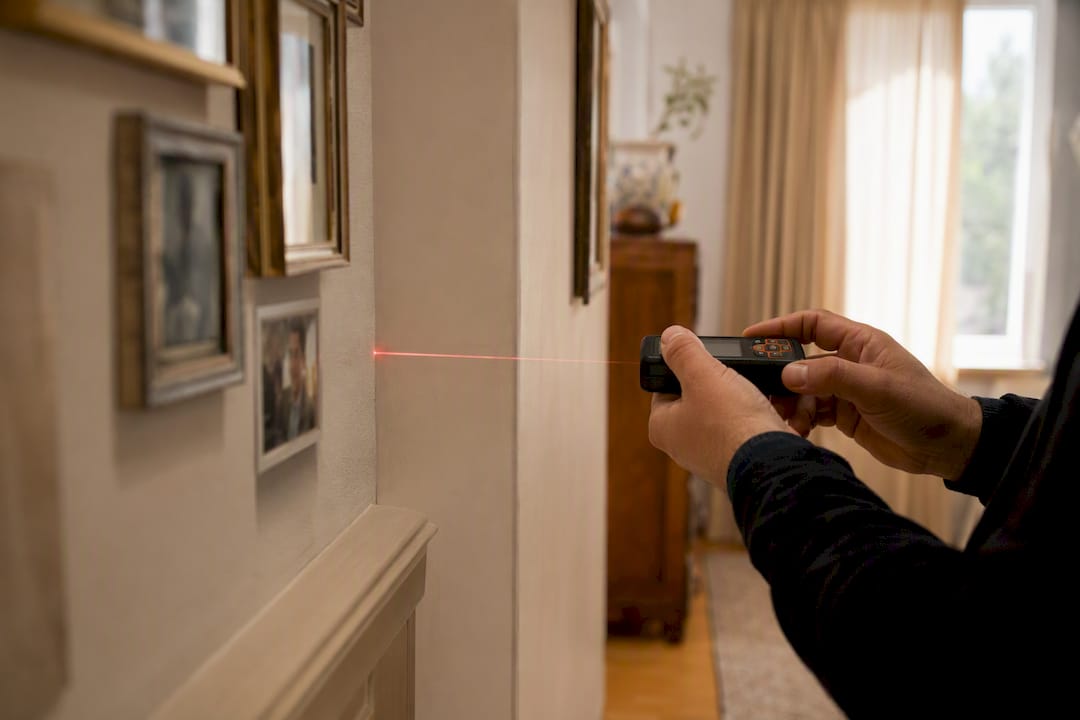 Mani che misurano una stanza con un dispositivo laser