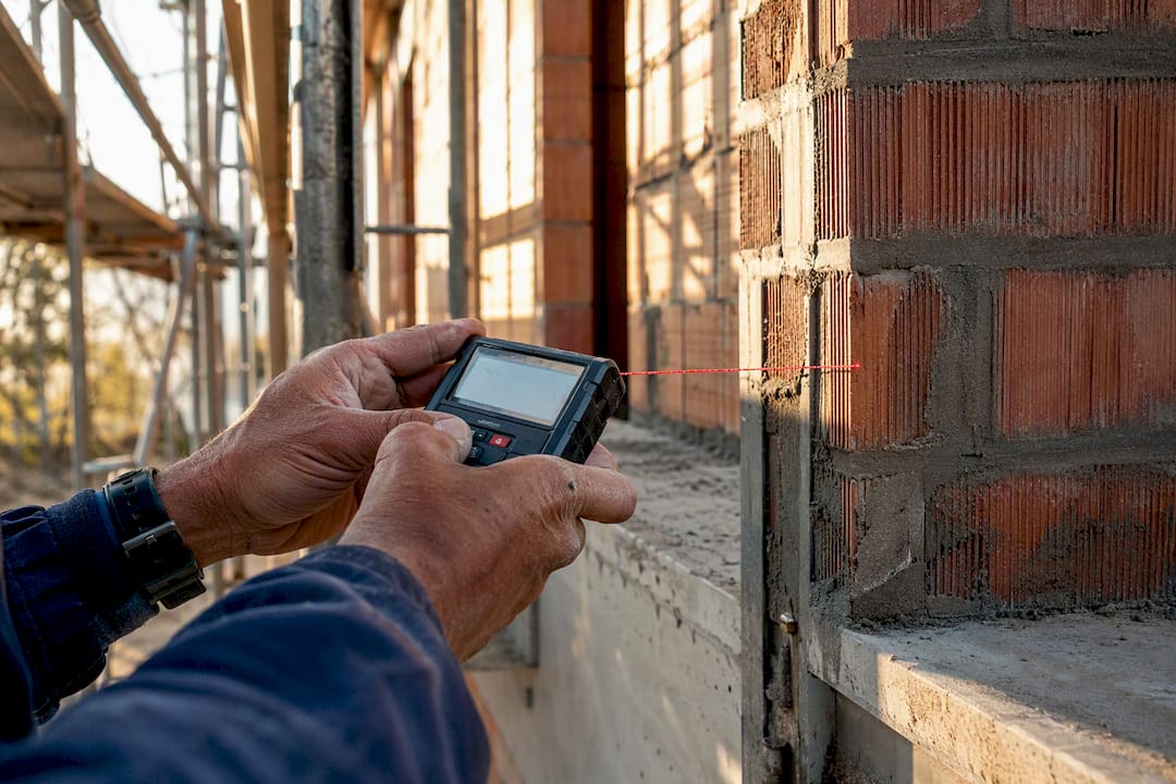 Mani che misurano l'esterno di un edificio in cantiere