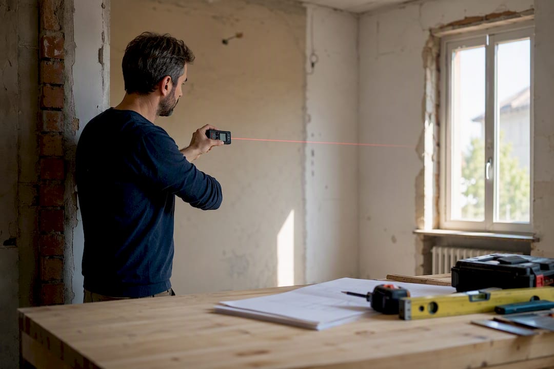 Mani che misurano le dimensioni di una stanza con un metro laser