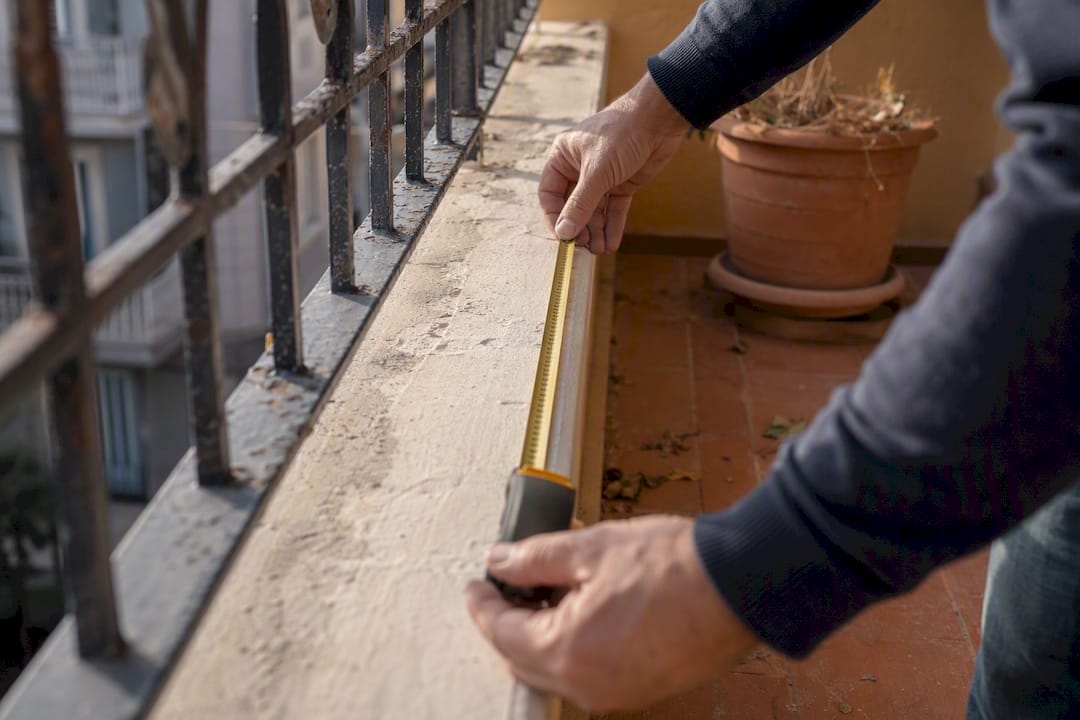 Mani che misurano il bordo del pavimento del balcone