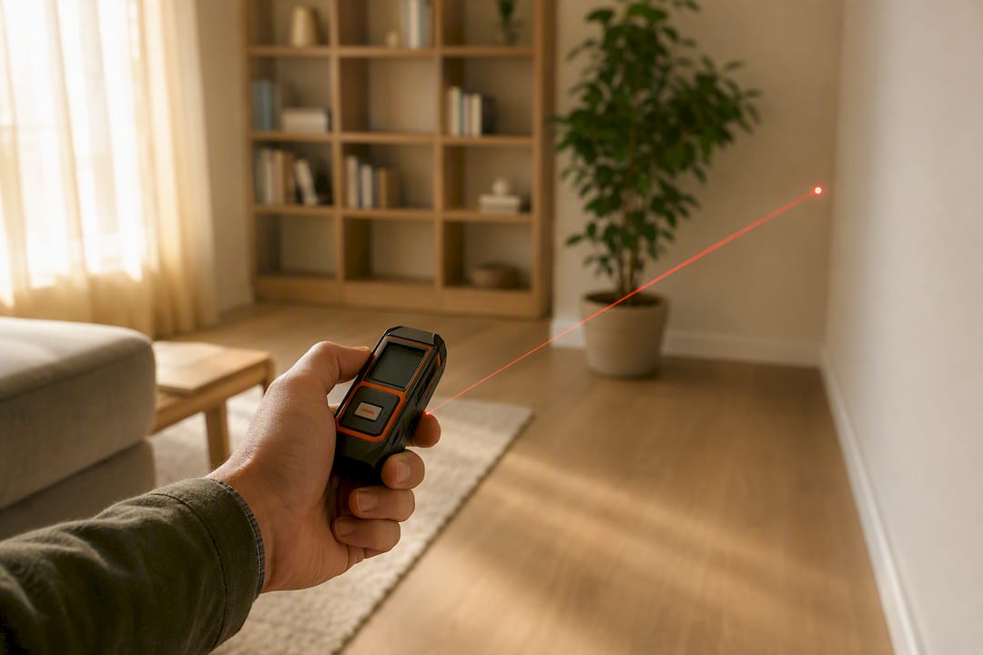 Mano che misura il muro con un dispositivo laser