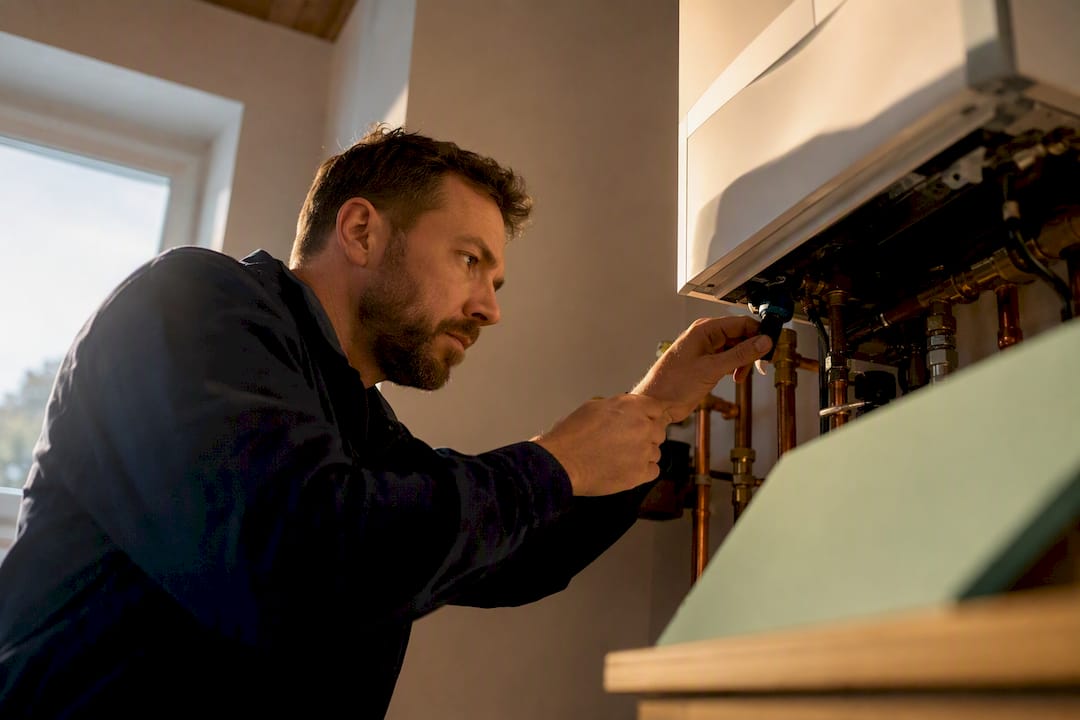 Tecnico che controlla la caldaia per il certificato energetico