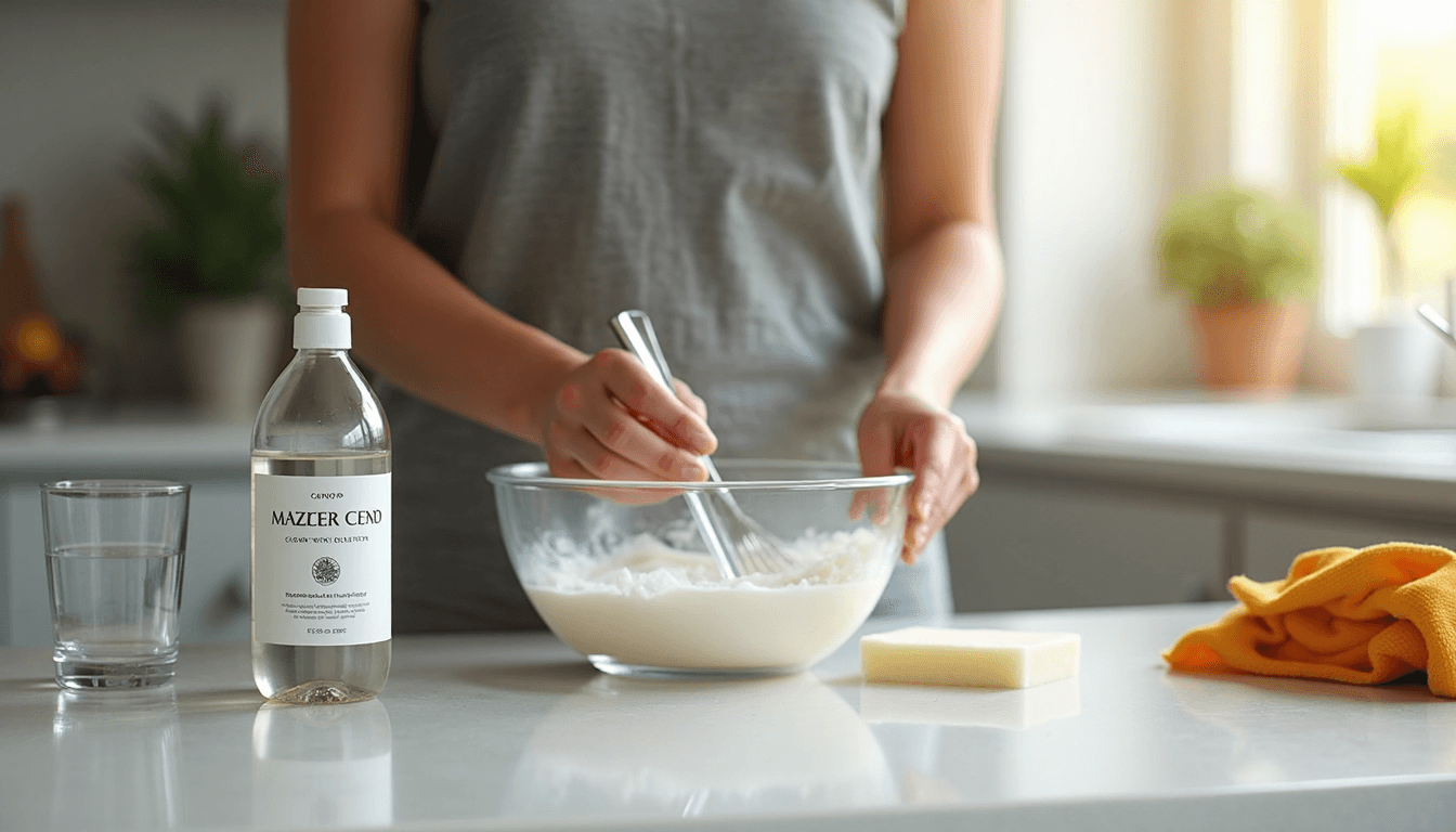 Hands mixing vinegar, water, and soap for carpet cleaning