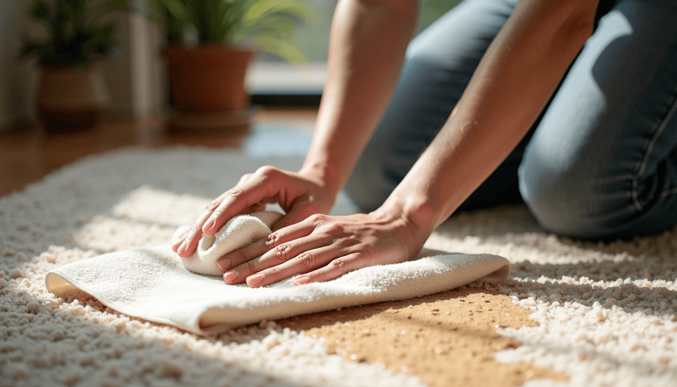 Homeowner blotting fresh coffee spill on sunlit carpet