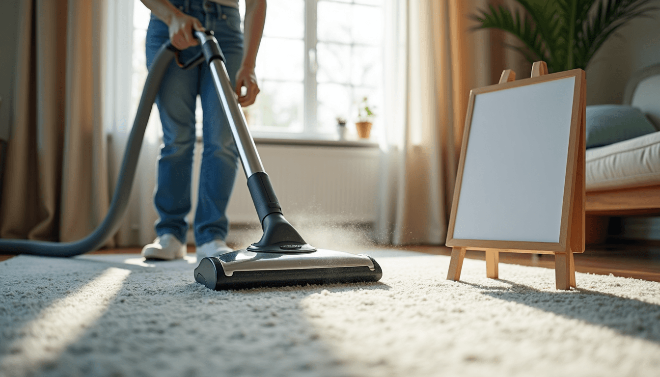 Professional cleaning carpet with machine, dry cleaning sign visible nearby