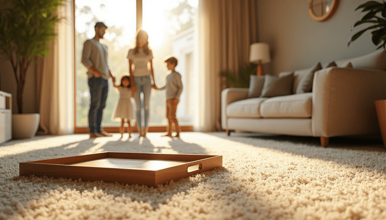 Family standing in sunlit room with fresh clean carpet and subtle steam cleaning sign