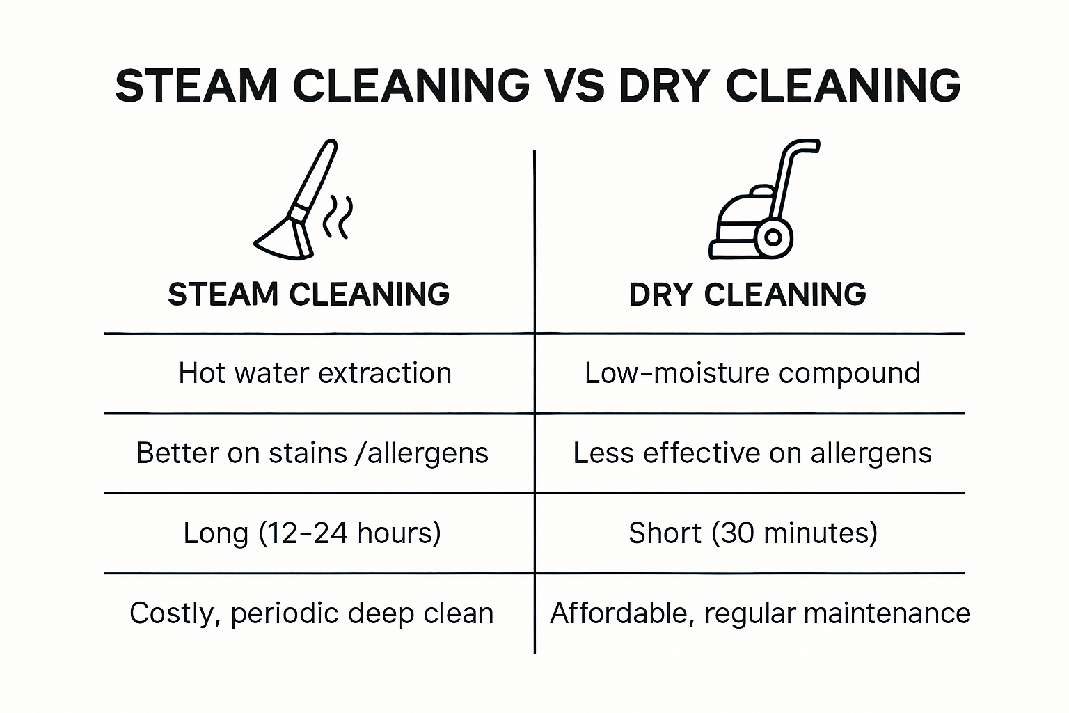 Steam cleaning vs dry cleaning infographic comparing methods