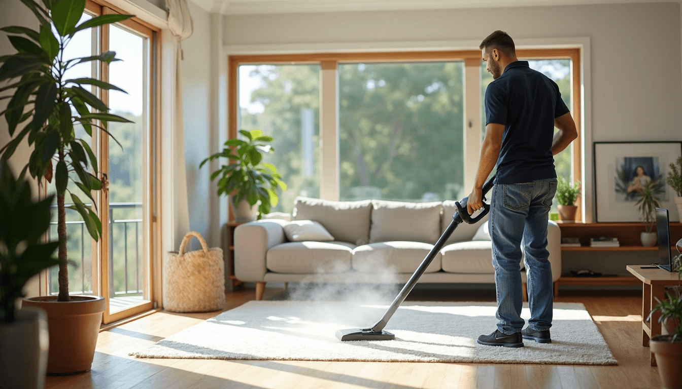 Professional carpet cleaner at work in sunlight-filled living room