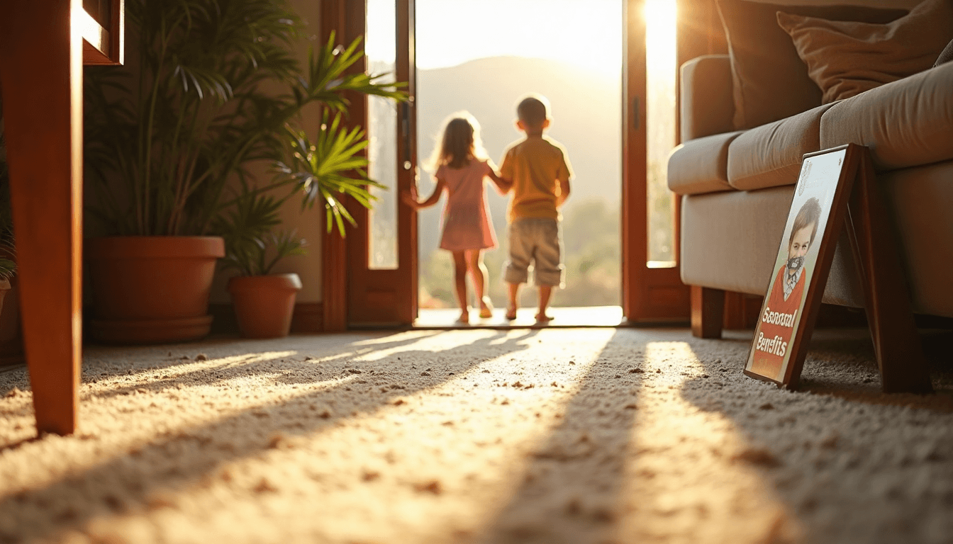 Candid autumn home scene with cleaned hallway carpet and children