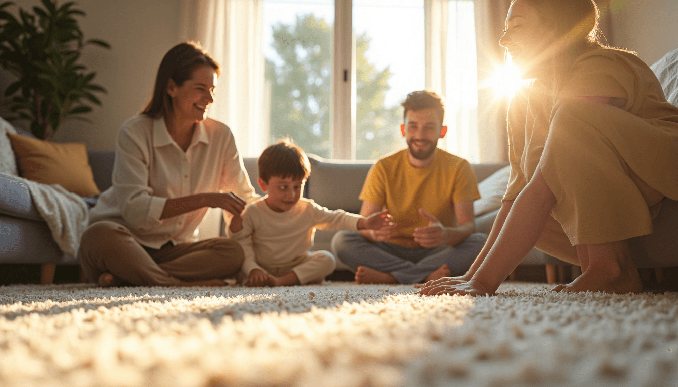 Family smiling in sunlit living room with clean beige carpet