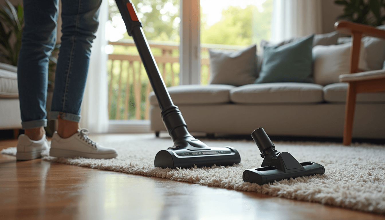 Person vacuuming carpet with cleaning tools in sunlit room