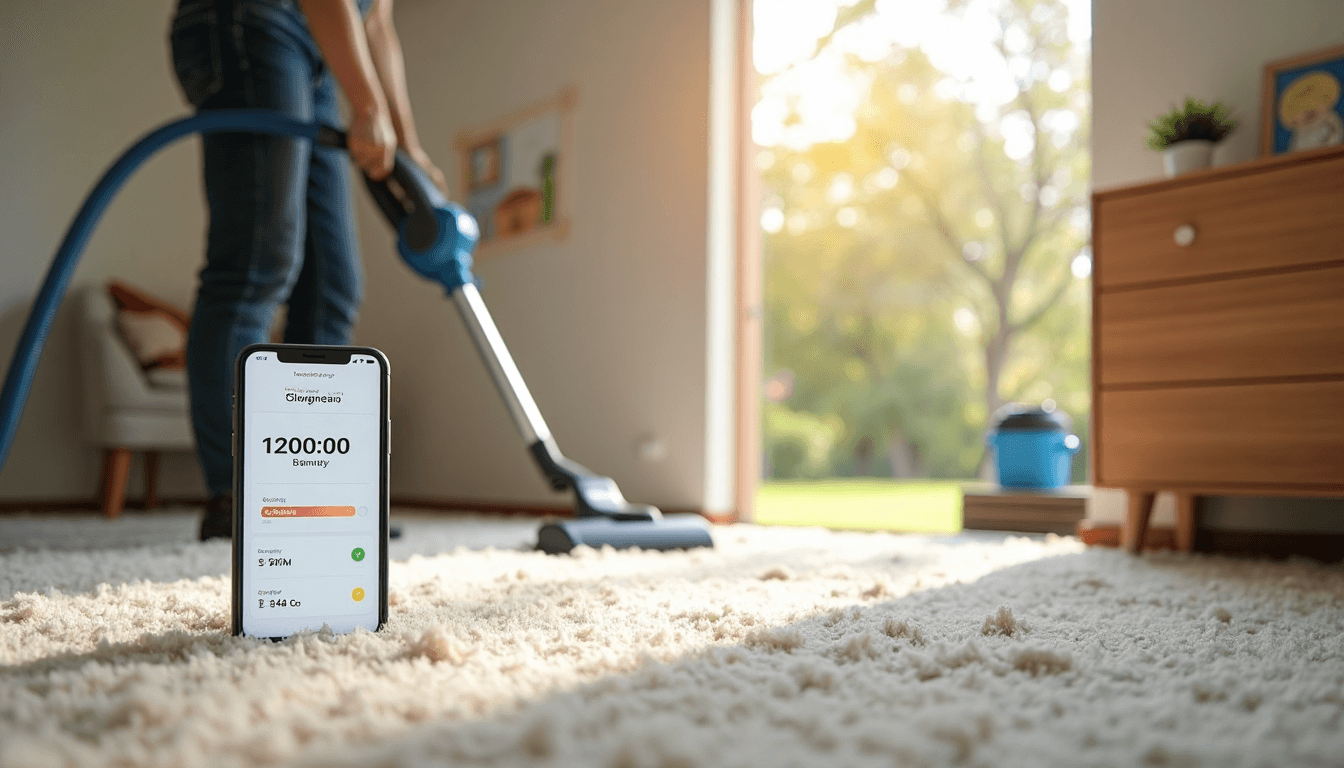 Professional steam-cleaning bedroom carpet with digital time checklist visible