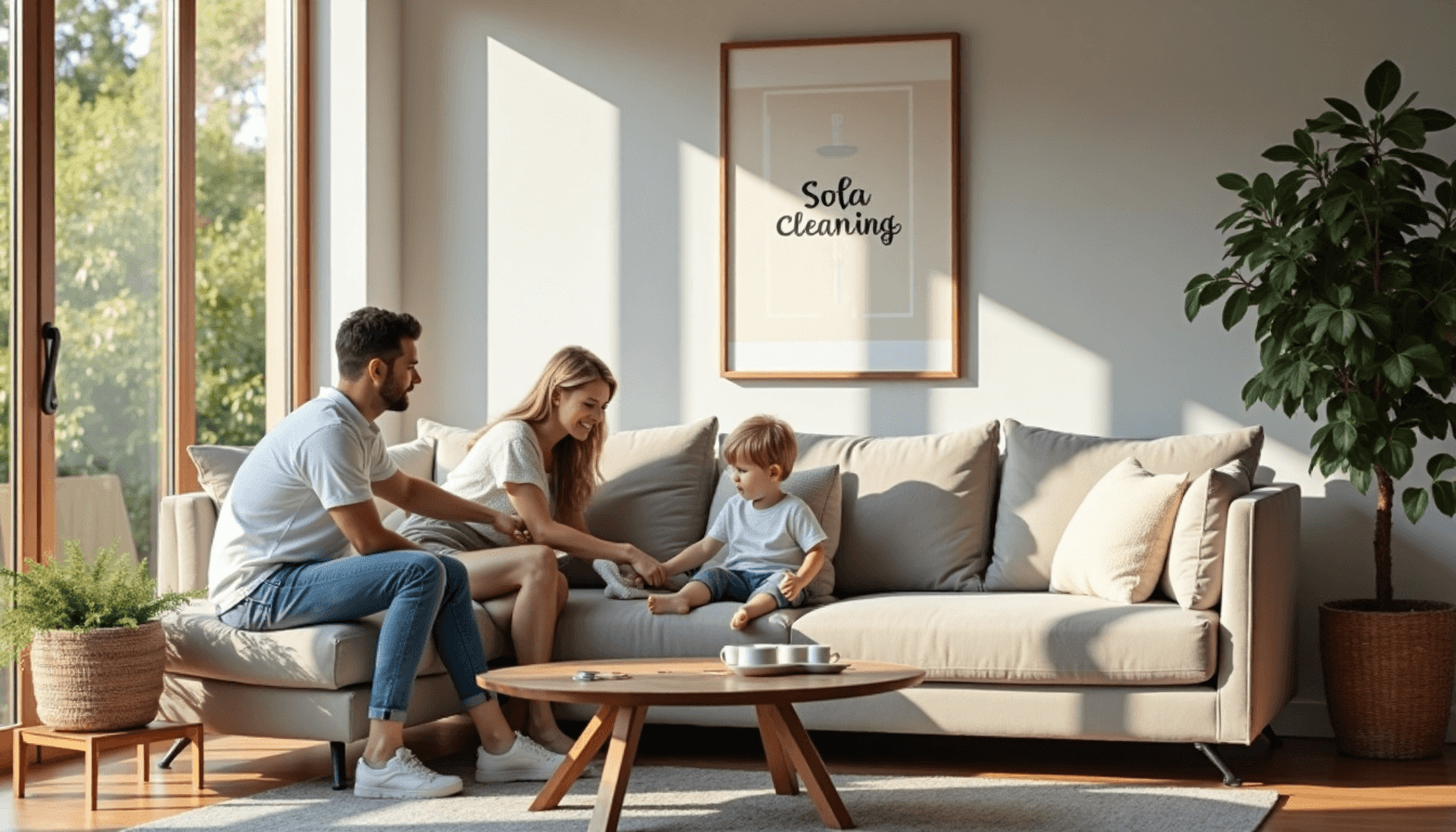 Parent cleaning sofa as child watches in bright living room