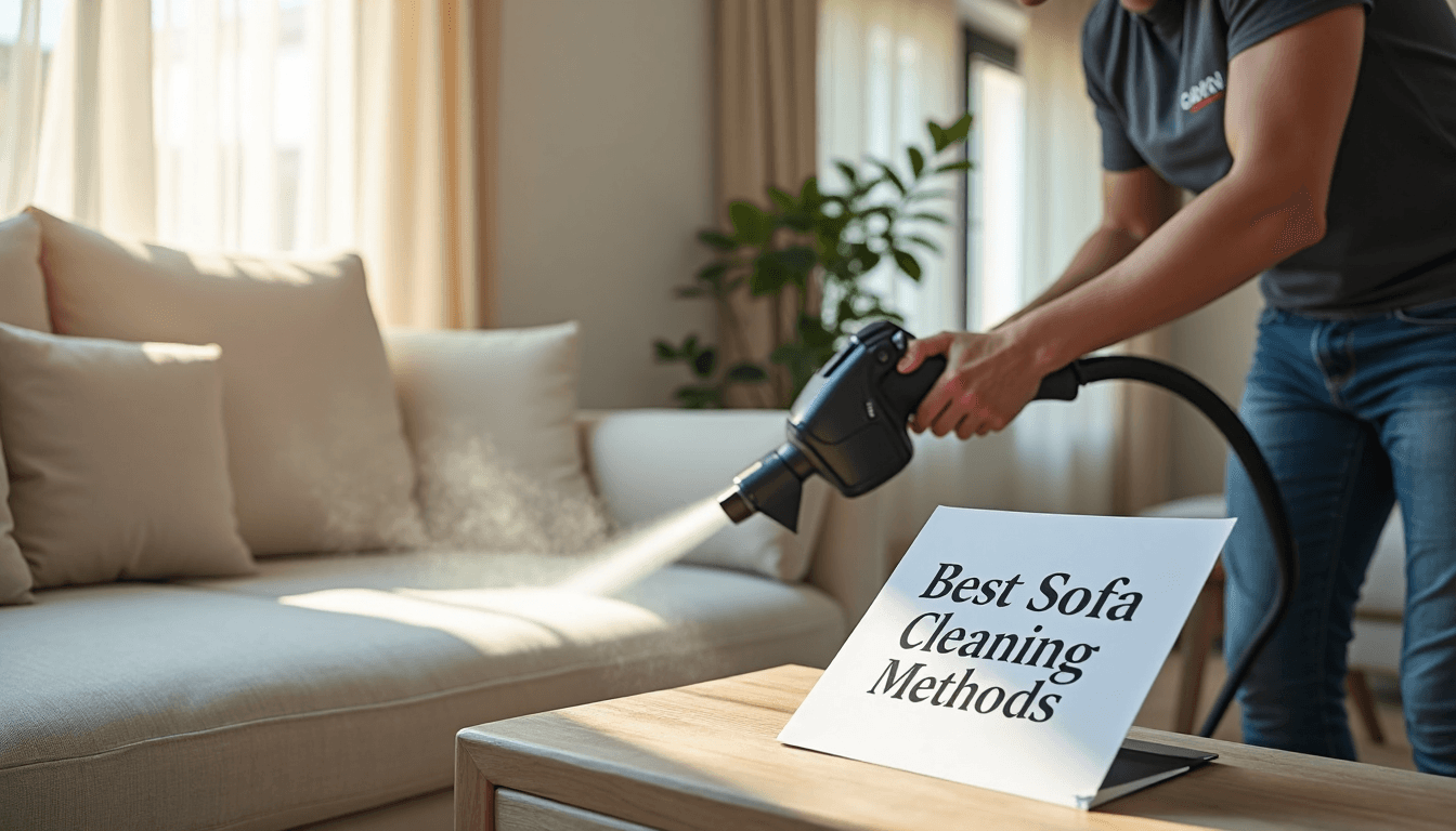 Technician steam cleaning sofa with info pamphlet visible
