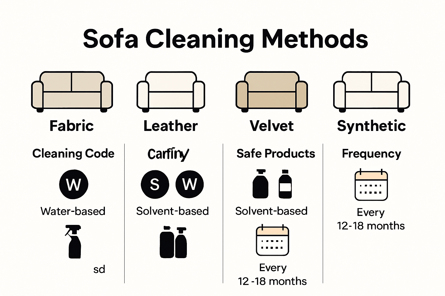 Infographic comparing sofa cleaning methods by material and care tips