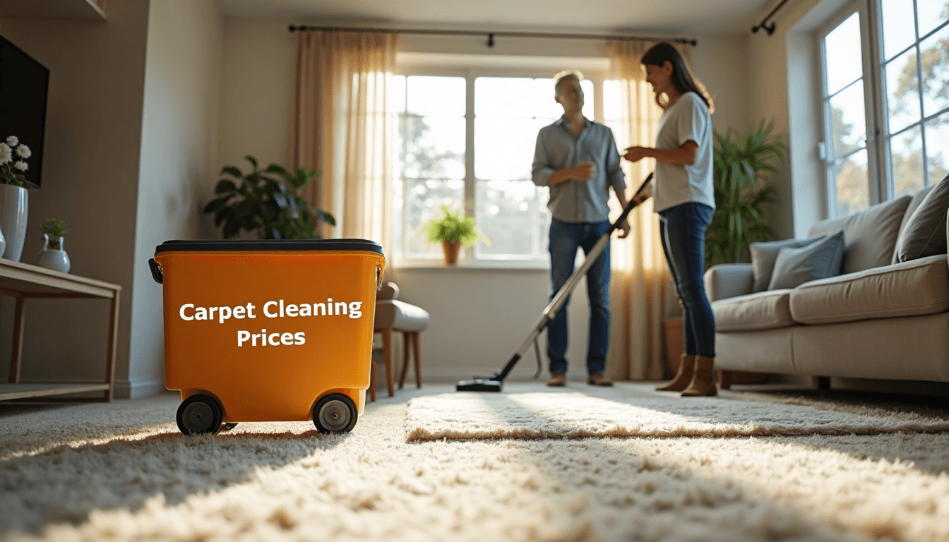 Professional carpet cleaner consulting with homeowner in sunlit living room