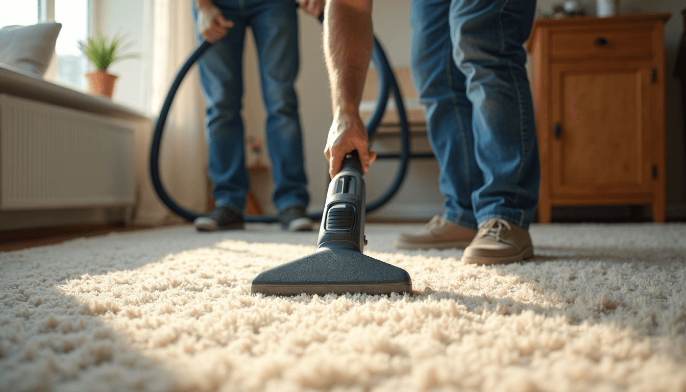 Technician using modern steam cleaner on carpet with visible controls