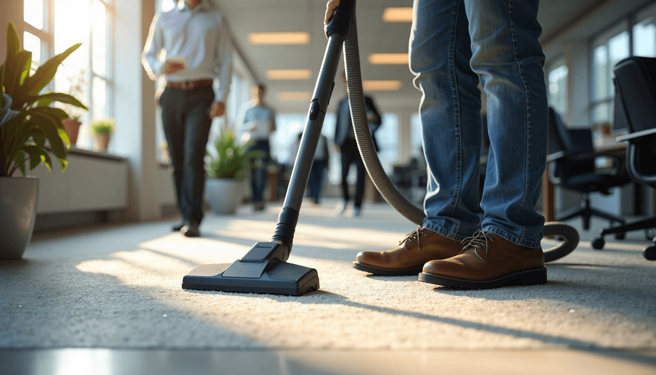 Technician using advanced equipment during commercial carpet cleaning process