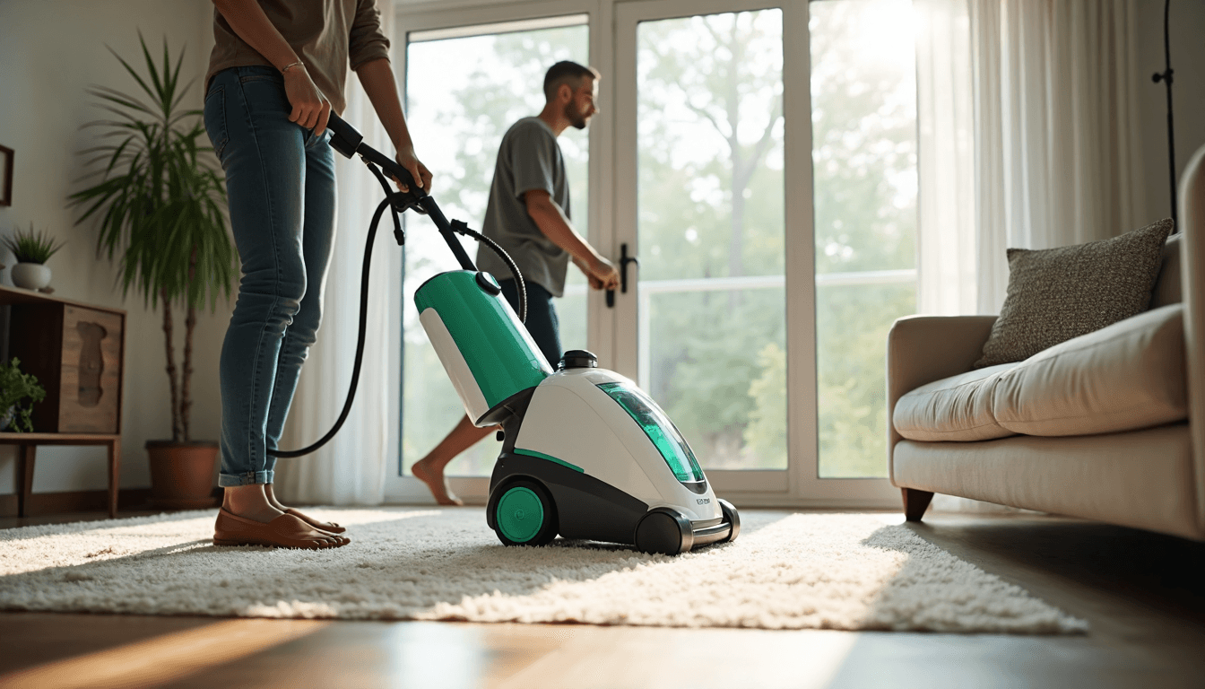 Person steam cleaning living room carpet in sunlit modern home