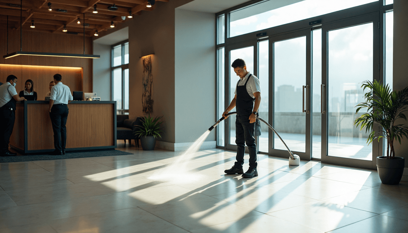 Staff using industrial steam cleaner in business lobby with 'Different Spaces' sign
