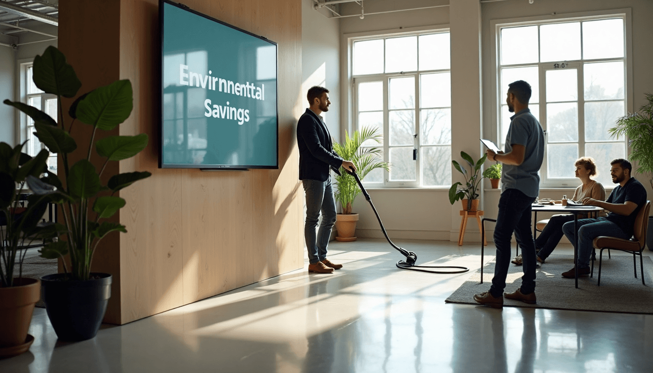 Cleaner steam cleaning office floors with environmental savings display