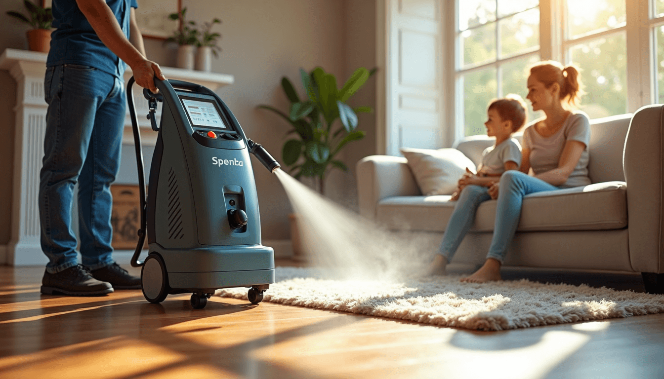 Professional steam cleaning in sunlit family living room with family