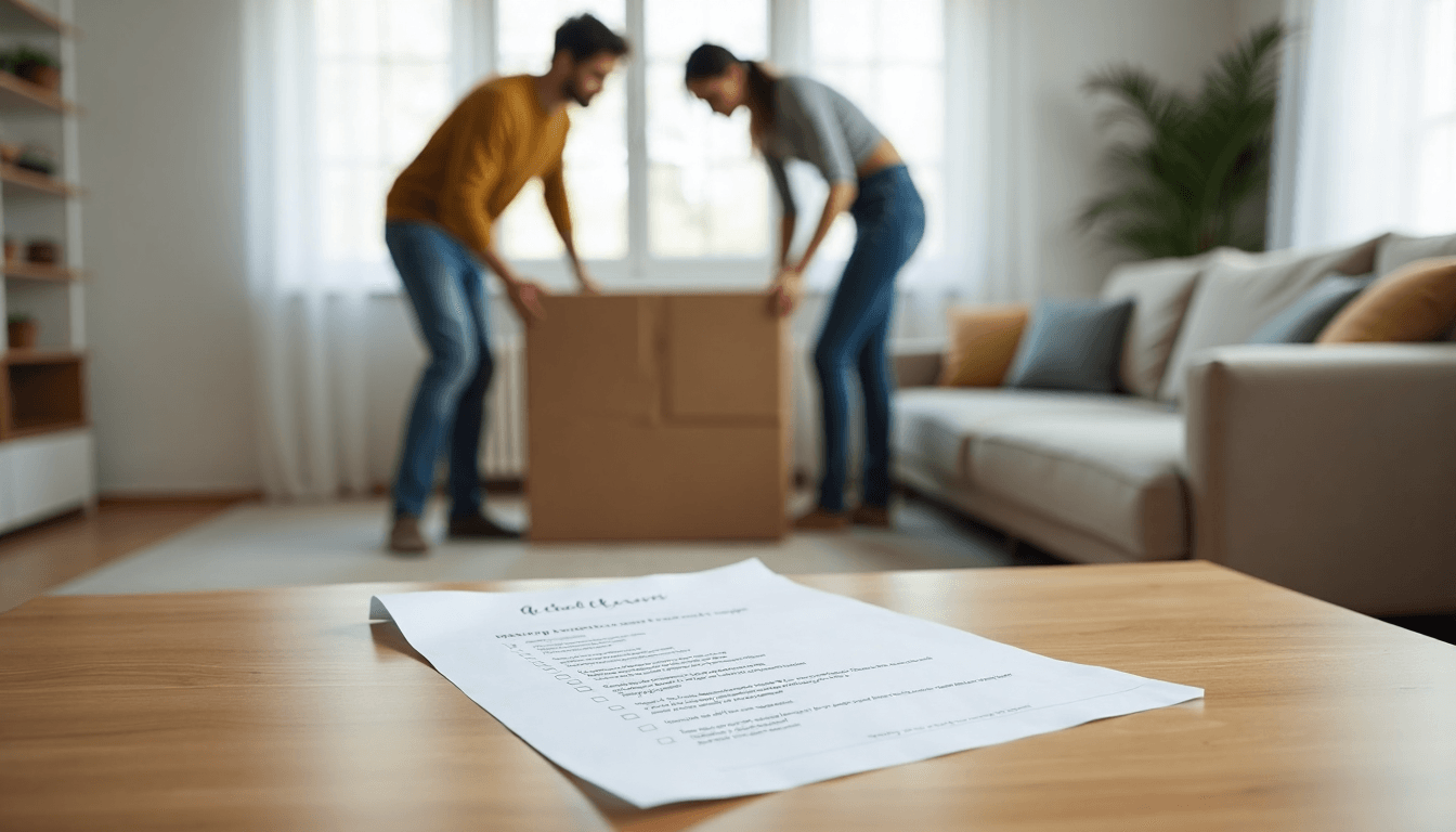 Couple moves couch for carpet cleaning with checklist nearby
