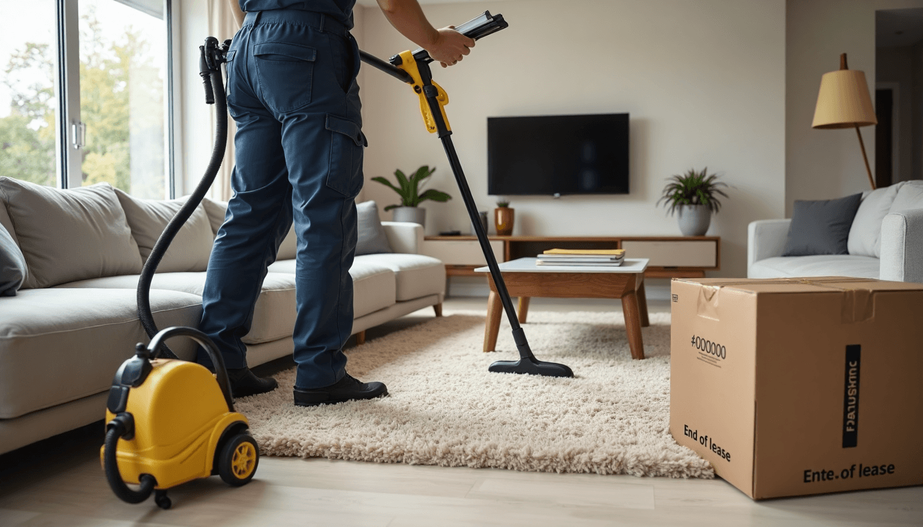 Cleaner inspecting carpet in bright Yarra Valley living room