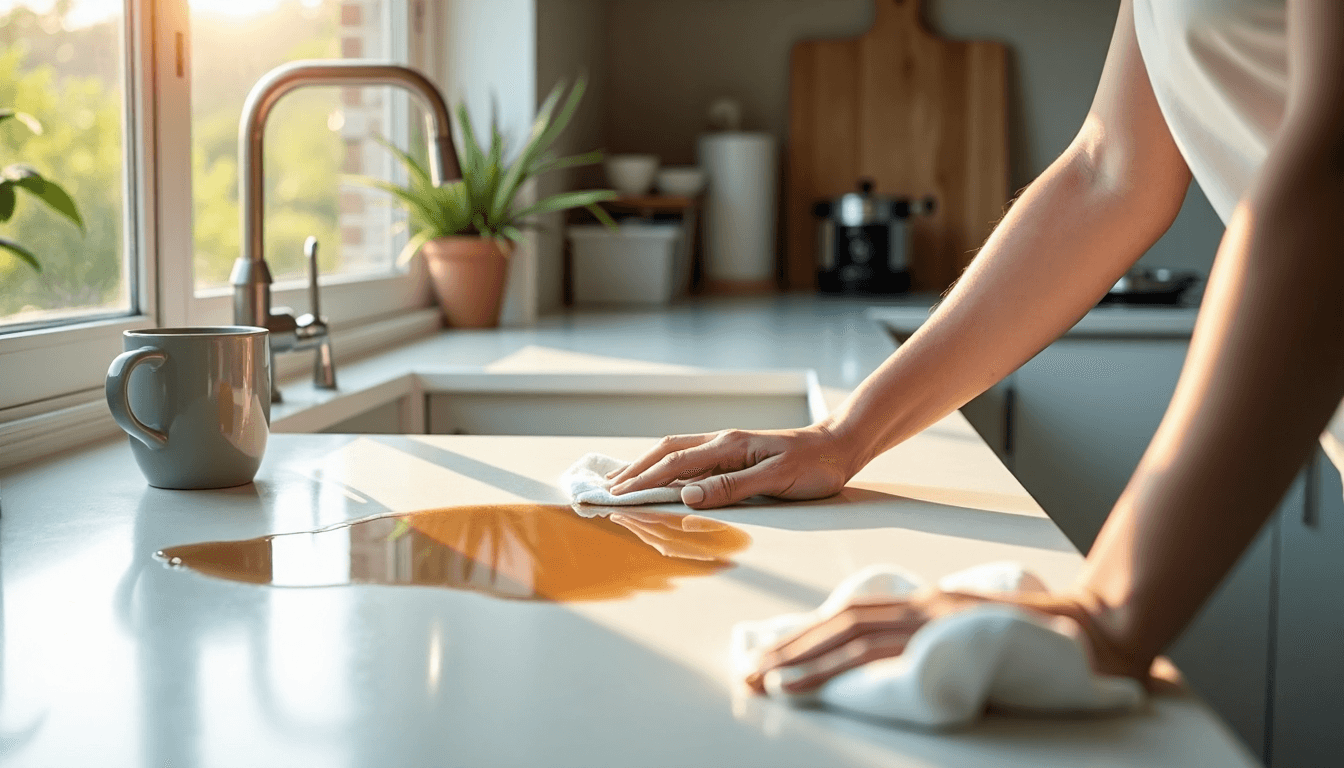 Woman cleaning fresh coffee spill on kitchen counter