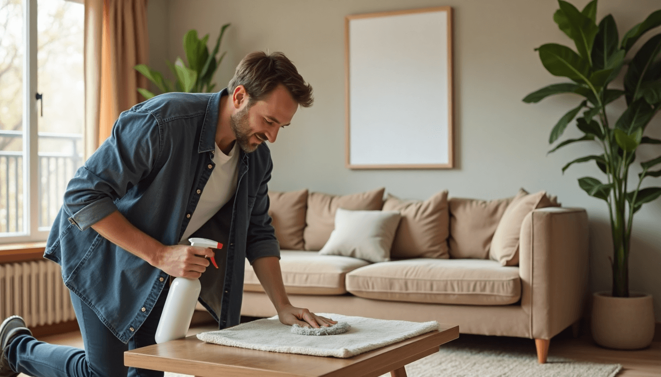 Man removing coffee stain from beige sofa with spray bottle
