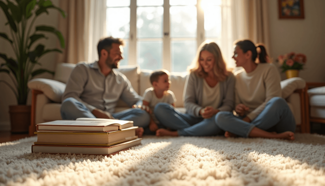 Family gathering on wool carpet in bright living room