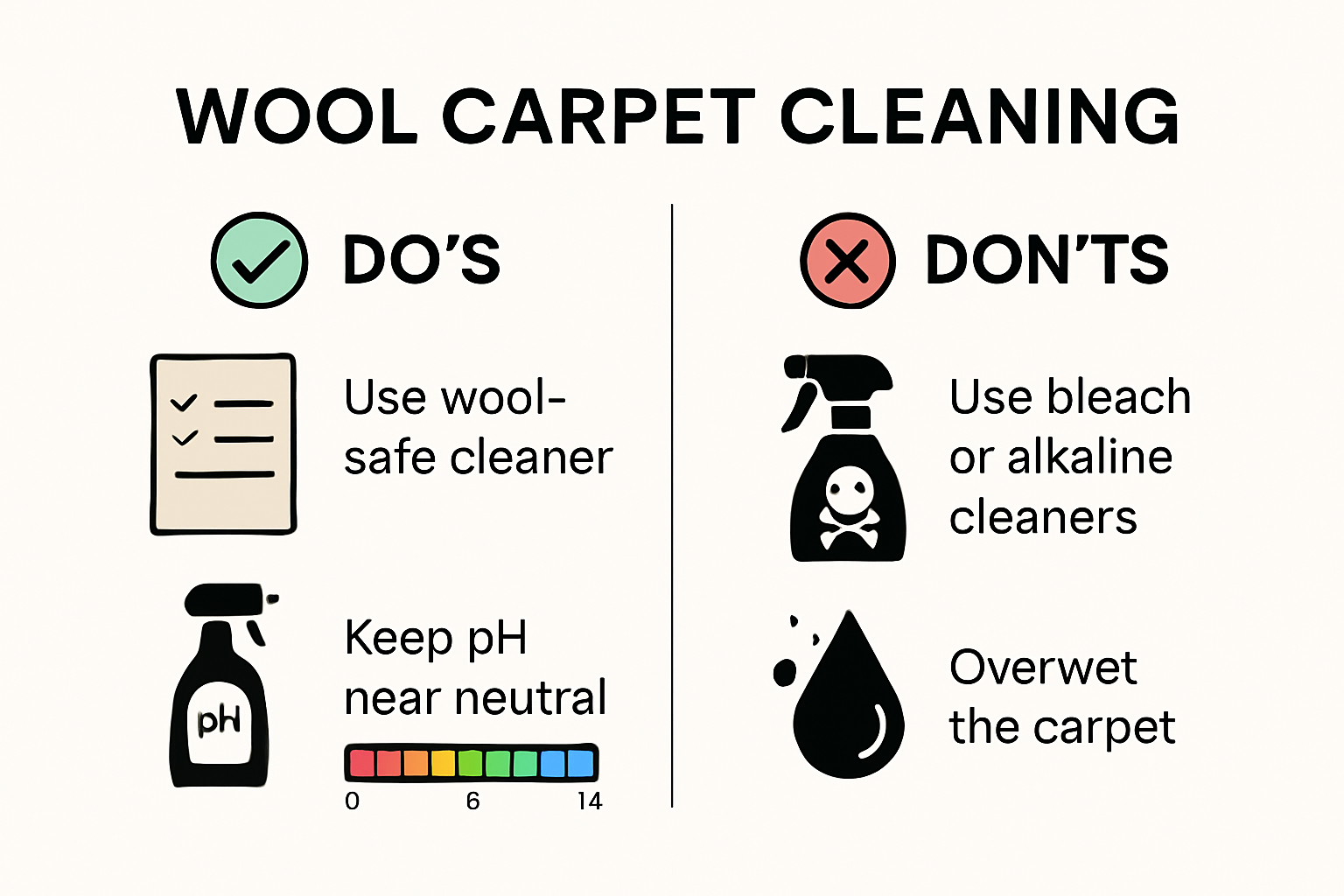 Infographic showing safe and unsafe wool carpet cleaning practices