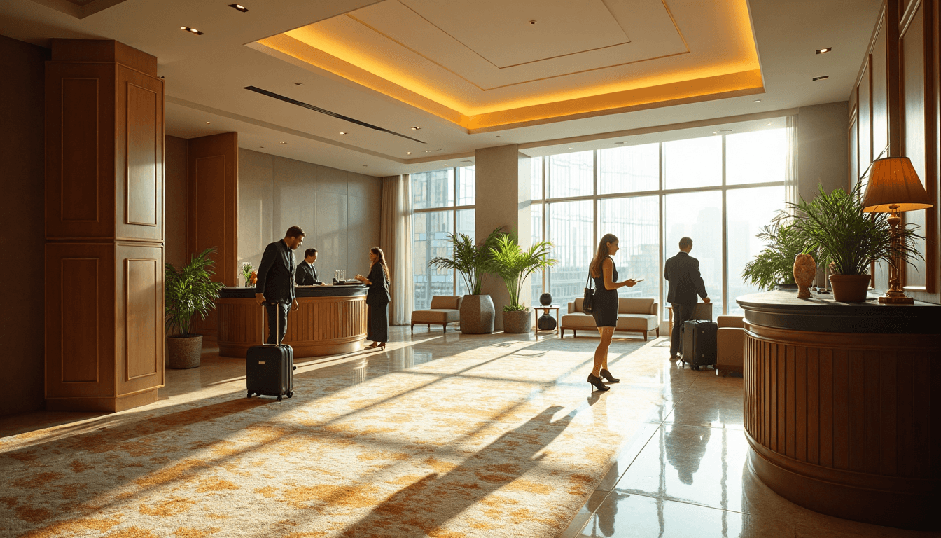 Hotel lobby with guests and staff highlighting clean carpets