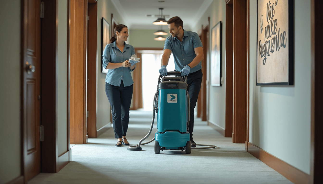 Technician demonstrates carpet extraction cleaning in hotel hallway