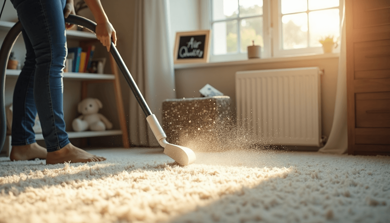 Homeowner vacuuming carpet with 'Air Quality' chalkboard in background