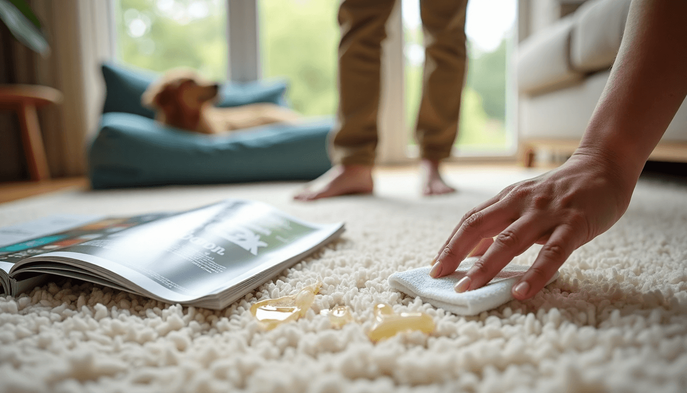 Hand removes spill from carpet with towel, family shoes nearby