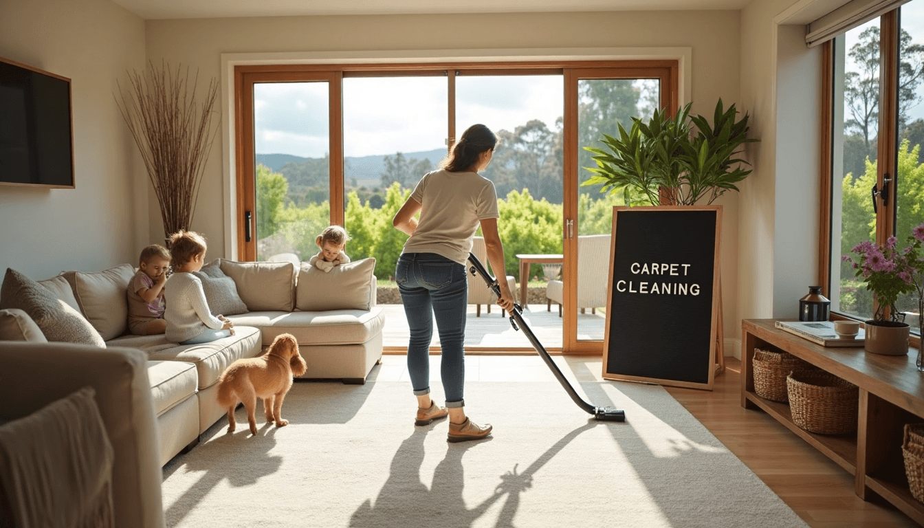 Yarra Valley family vacuuming carpet with kids and dog nearby